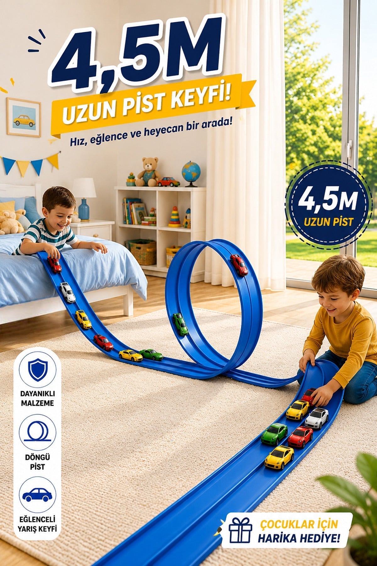 4,5 metre uzun esnek yarış pisti ve 360 derece döngü